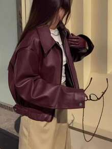 DAZY Women's Loose Street Casual Leather Jacket Fall - Burgundy - View 9