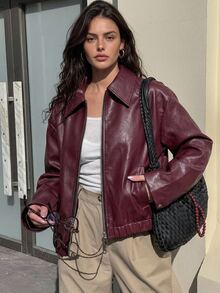 DAZY Women's Loose Street Casual Leather Jacket Fall - Burgundy - View 3