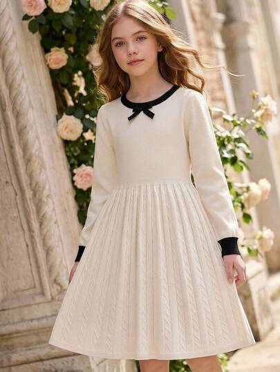 Tween Girl Apricot Bow Decor Knitted Dress