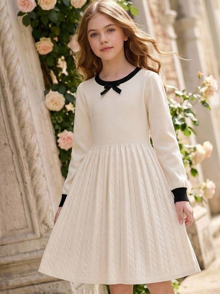 Tween Girl Apricot Bow Decor Knitted Dress - Apricot - View 8