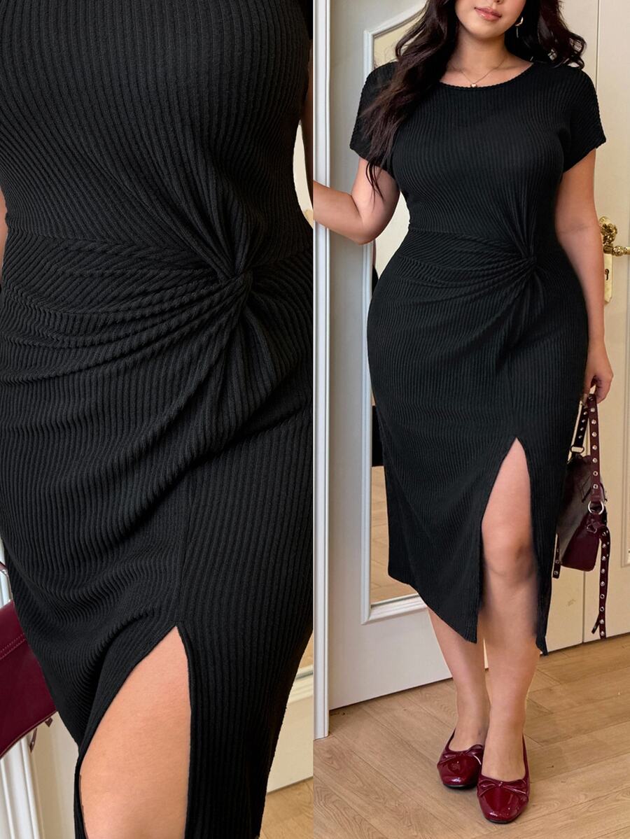 GalTyme Gaun Wanita Ukuran Besar Warna Polos Leher Bulat Desain Belahan Gaun Kasual Pesta Makan Siang Formal untuk Acara Jalan-jalan Musim Panas - Hitam - View 1