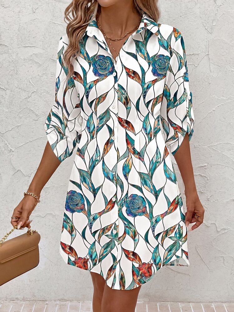 Editum Women's Autumn/Winter Fashion Versatile Elegant Casual Commuter Brunch Vacation Floral Print Shirt Dress White Floral - Multicolor - View 3