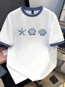Daypath Men's Casual Patchwork T-Shirt With Shell, Starfish, Hibiscus Flower Patterns, Suitable For Summer Outings - White - View 3