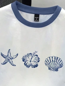 Daypath Men's Casual Patchwork T-Shirt With Shell, Starfish, Hibiscus Flower Patterns, Suitable For Summer Outings - White - View 2