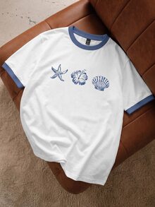 Daypath Men's Casual Patchwork T-Shirt With Shell, Starfish, Hibiscus Flower Patterns, Suitable For Summer Outings - White - View 1
