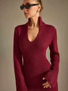 CLARA VERO فستان ميدي محبوك مضلع بلون عنابي مع ياقة V عميقة وحزام، بقصة ضيقة، مثالي لأيام المكتب الأنيقة أو العشاء - عنابي اللون - مشاهدة 5