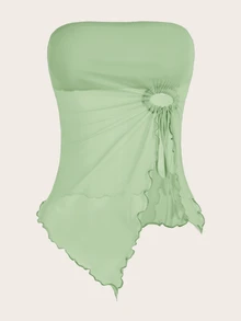 SHEIN ICON Solid Drawstring Asymmetrical Hem Mesh Tube Top - Mint Green - View 3