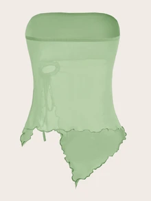 SHEIN ICON Solid Drawstring Asymmetrical Hem Mesh Tube Top - Mint Green - View 2