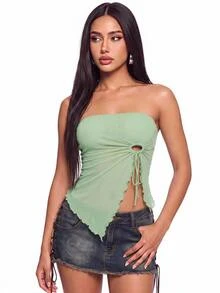 SHEIN ICON Solid Drawstring Asymmetrical Hem Mesh Tube Top - Mint Green - View 1