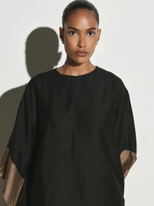 KSTM Oversized Batwing Blouse With Contrast Bronze Satin Cuff Trim Crew Neck 3/4 Sleeve Relaxed Fit Casual Tunic Top - Black and Gold - View 6