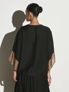 KSTM Oversized Batwing Blouse With Contrast Bronze Satin Cuff Trim Crew Neck 3/4 Sleeve Relaxed Fit Casual Tunic Top - Black and Gold - View 2