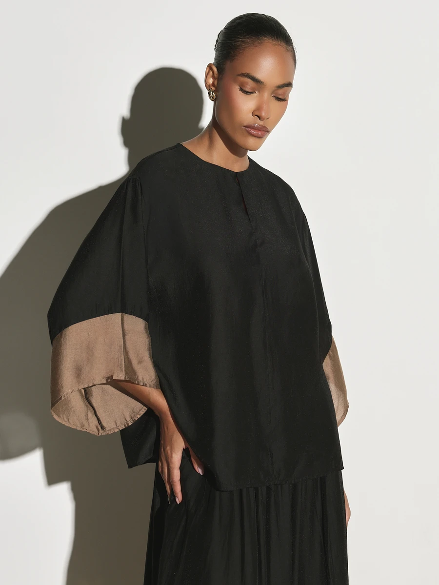 KSTM Oversized Batwing Blouse With Contrast Bronze Satin Cuff Trim Crew Neck 3/4 Sleeve Relaxed Fit Casual Tunic Top - Black and Gold - View 1