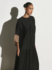 KSTM Oversized Batwing Blouse With Contrast Bronze Satin Cuff Trim Crew Neck 3/4 Sleeve Relaxed Fit Casual Tunic Top - Black and Gold - View 5