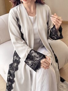 Celisse Women's Lace Patchwork Casual Daily Long Robe - Apricot - View 4