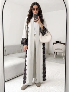 Celisse Women's Lace Patchwork Casual Daily Long Robe - Apricot - View 3
