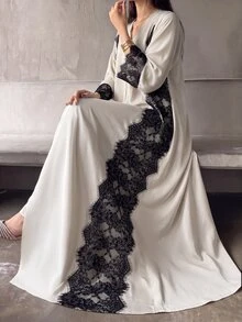 Celisse Women's Lace Patchwork Casual Daily Long Robe - Apricot - View 1