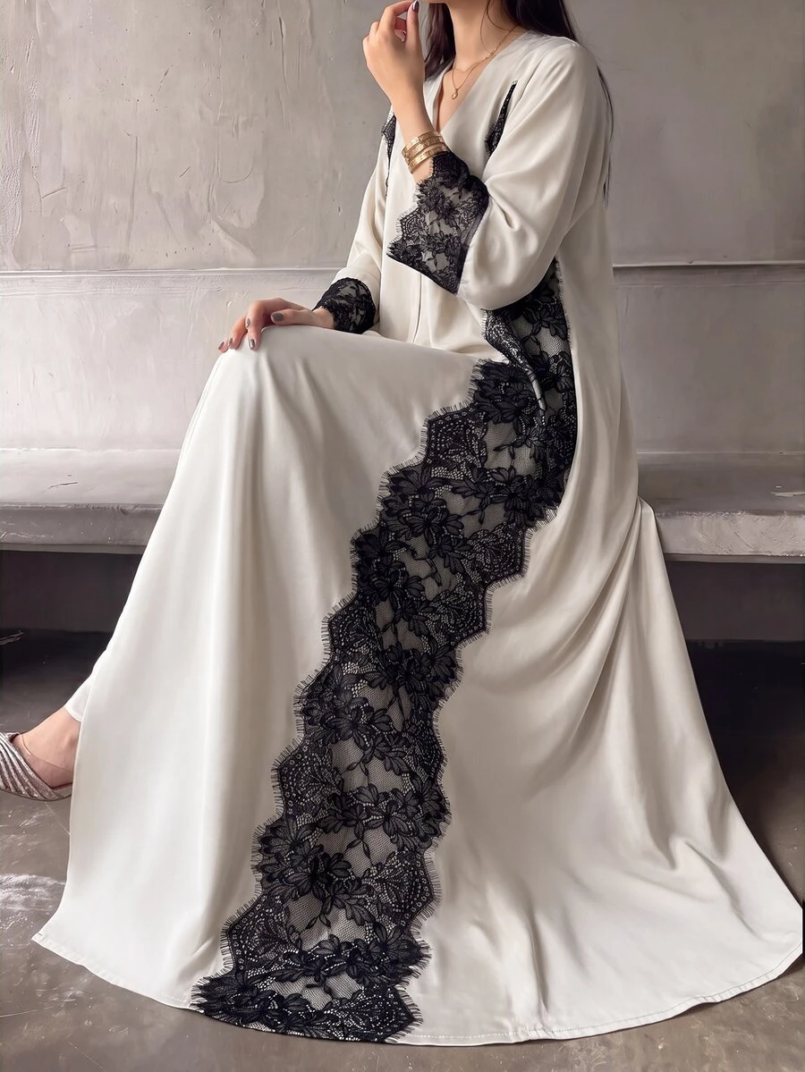 Celisse Women's Lace Patchwork Casual Daily Long Robe - Apricot - View 1