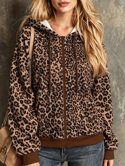 Glimmora Women's American Retro Leopard Print Zip-Up Hooded Sweatshirt, Loose Fit Drop Shoulder Kangaroo Pocket Drop Shoulder Sweatshirt Jacket, Street Style Leopard Print All-Over Hooded Sweatshirt, Drawstring Hood Loose Casual Women's Sweatshirt Jacket, Retro Spicy Girl Leopard Print Zip-Up Sweatshirt, Ribbed Cuff Long Sleeve Kangaroo Pocket Loose Casual Women's Jacket