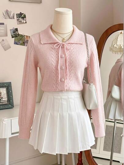 Sweet Pink Collar Tie Soft Knit Cardigan Sweater, Cute Preppy Style, Versatile Casual Bowknot Jacket For Women, Autumn/Winter, Birthday Party