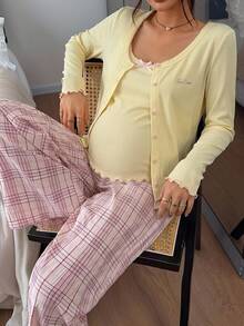 Dazy Maternity Solid Color Fitted Tank Top Loose Cardigan Straight Leg Plaid Pants Casual Home Daily Spring Autumn 3 Pieces Set Maternity 2 Pieces Set - Yellow - View 2