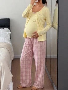 Dazy Maternity Solid Color Fitted Tank Top Loose Cardigan Straight Leg Plaid Pants Casual Home Daily Spring Autumn 3 Pieces Set Maternity 2 Pieces Set - Yellow - View 8