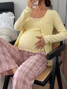 Dazy Maternity Solid Color Fitted Tank Top Loose Cardigan Straight Leg Plaid Pants Casual Home Daily Spring Autumn 3 Pieces Set Maternity 2 Pieces Set - Yellow - View 4