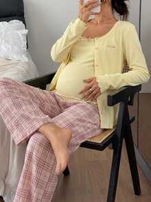 Dazy Maternity Solid Color Fitted Tank Top Loose Cardigan Straight Leg Plaid Pants Casual Home Daily Spring Autumn 3 Pieces Set Maternity 2 Pieces Set - Yellow - View 6
