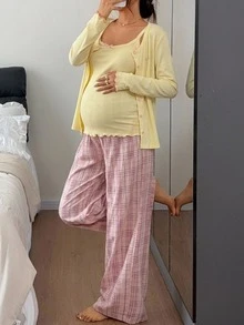 Dazy Maternity Solid Color Fitted Tank Top Loose Cardigan Straight Leg Plaid Pants Casual Home Daily Spring Autumn 3 Pieces Set Maternity 2 Pieces Set - Yellow - View 3