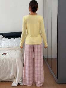 Dazy Maternity Solid Color Fitted Tank Top Loose Cardigan Straight Leg Plaid Pants Casual Home Daily Spring Autumn 3 Pieces Set Maternity 2 Pieces Set - Yellow - View 5
