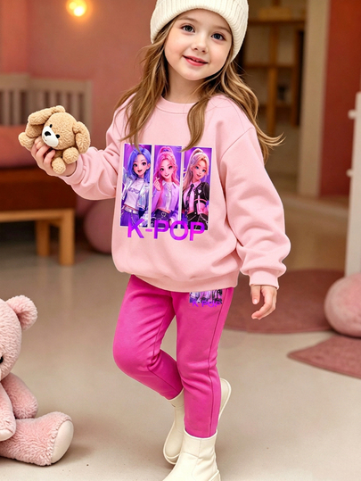 Girls Cartoon Idol Print Pink Witch Hunter Top Round Neck Sweatshirt Black Leggings 2 Pieces Set Children Casual Outfit 4-7Y Fuchsia Pants Personalized Autumn/Winter Hunter Cool Girl Group Style