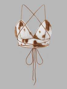 SHEIN ICON Women's Plush Backless Camisole With Contrast Color V-Neck And Tie-Back Design For Summer - Coffee Brown - View 2