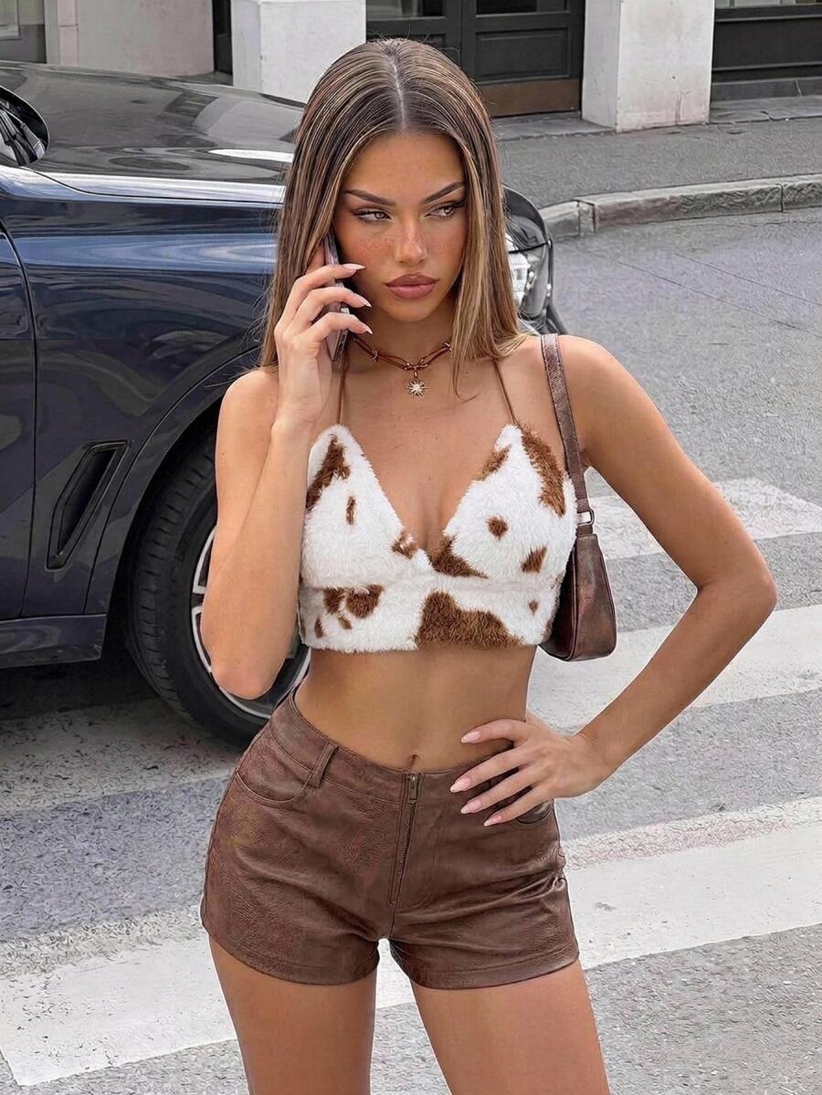 SHEIN ICON Women's Plush Backless Camisole With Contrast Color V-Neck And Tie-Back Design For Summer - Coffee Brown - View 1