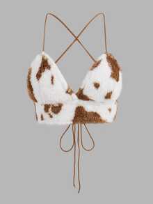SHEIN ICON Women's Plush Backless Camisole With Contrast Color V-Neck And Tie-Back Design For Summer - Coffee Brown - View 3