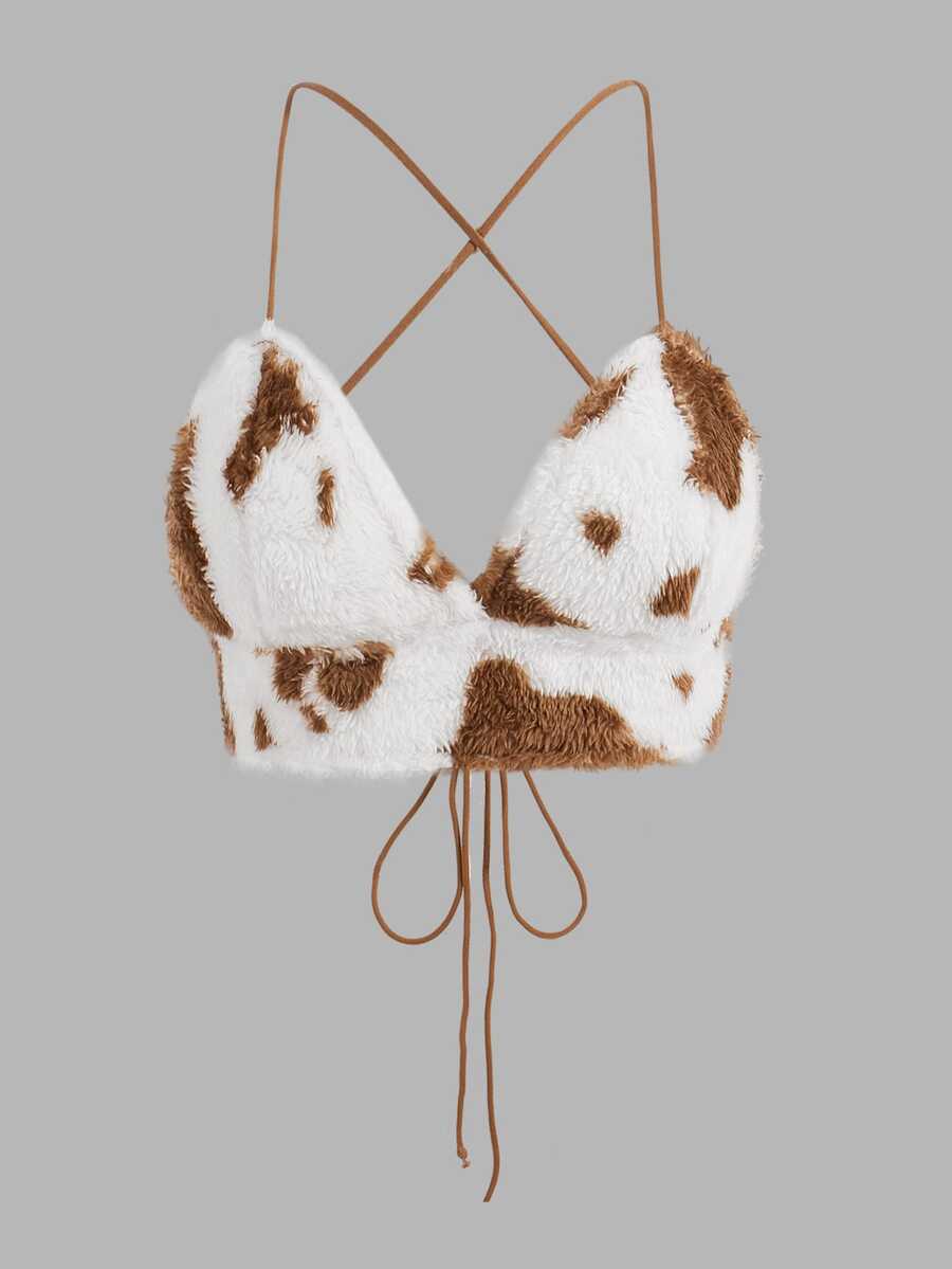 SHEIN ICON Women's Plush Backless Camisole With Contrast Color V-Neck And Tie-Back Design For Summer - Coffee Brown - View 1