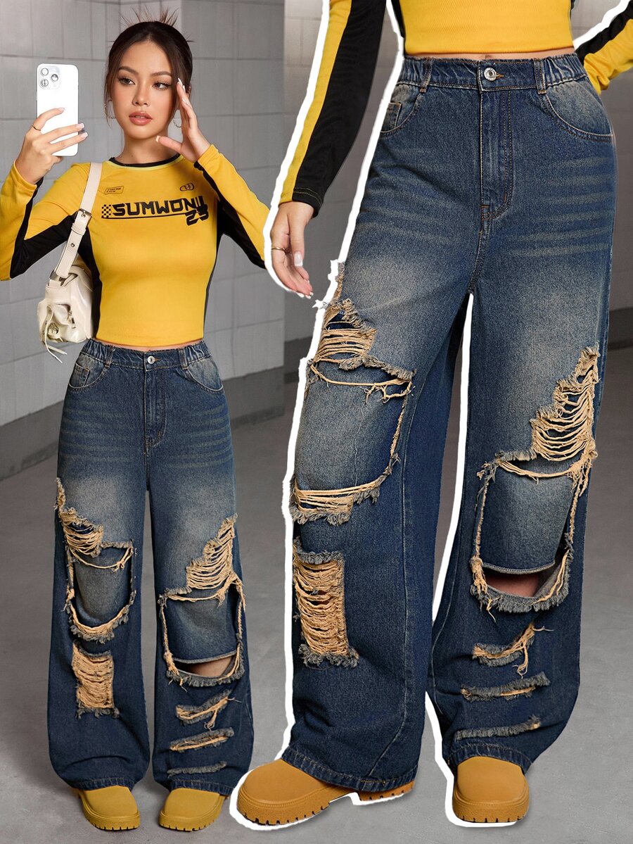 SHEIN Teen Girl Distressed Wide Leg Jeans Fall Winter - Bronze - View 1
