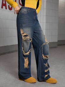 SHEIN Teen Girl Distressed Wide Leg Jeans Fall Winter - Bronze - View 3