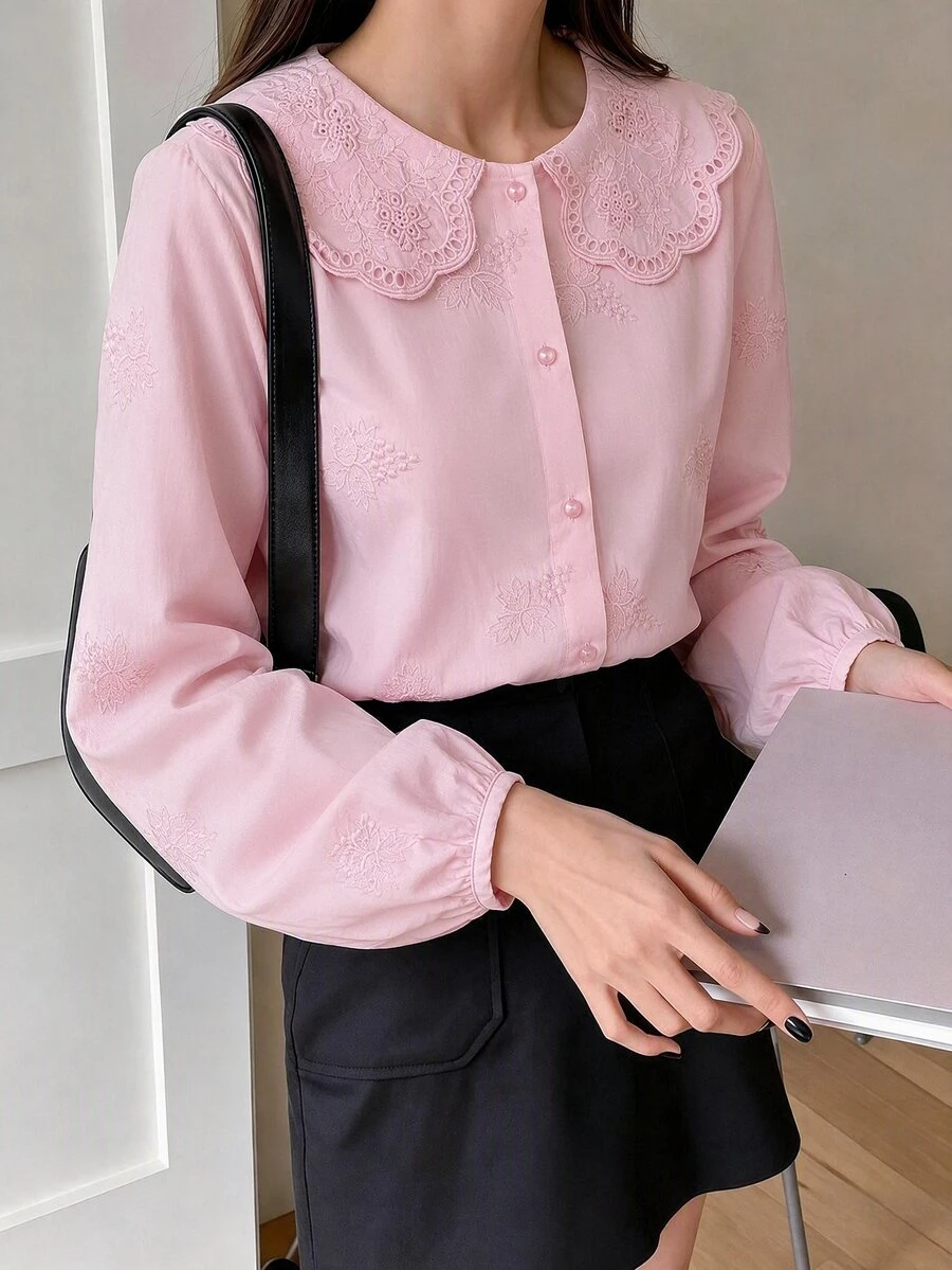 DAZY 女款花卉刺繡圖案休閒日常長袖襯衫 - 粉色 - 查看 1