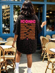 EMERY ROSE Plus Size Women's Letter & Leopard Print Drop Shoulder Loose Casual Dress - Multicolor - View 3