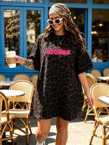 EMERY ROSE Plus Size Women's Letter & Leopard Print Drop Shoulder Loose Casual Dress - Multicolor - View 2