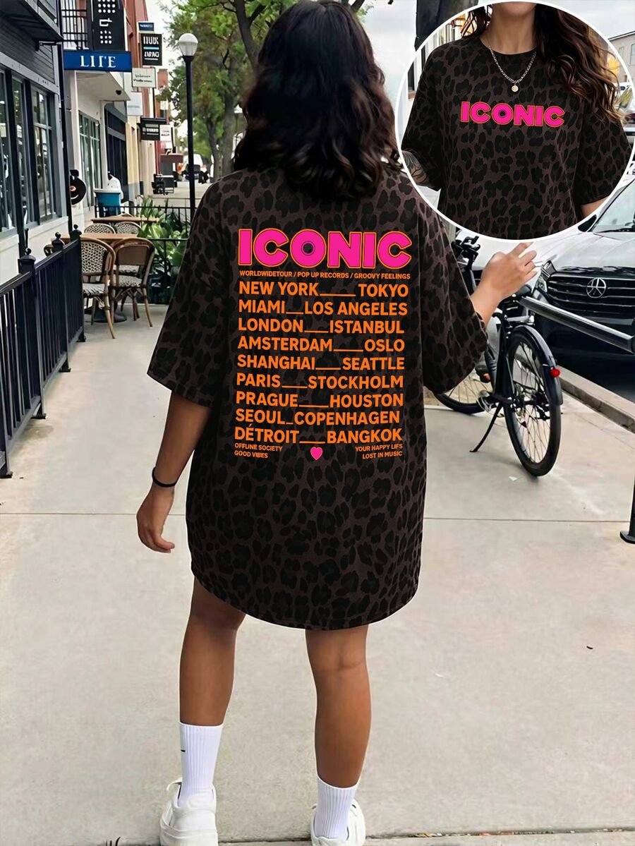 EMERY ROSE Plus Size Women's Letter & Leopard Print Drop Shoulder Loose Casual Dress - Multicolor - View 1