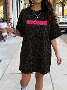 EMERY ROSE Plus Size Women's Letter & Leopard Print Drop Shoulder Loose Casual Dress - Multicolor - View 5