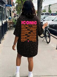 EMERY ROSE Plus Size Women's Letter & Leopard Print Drop Shoulder Loose Casual Dress - Multicolor - View 4