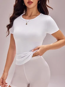 Eassivo Eassivo 女士短袖T恤，休闲露背U型交叉后摆弧形下摆运动服，适合瑜伽、户外、健身 - 白色 - 查看 5
