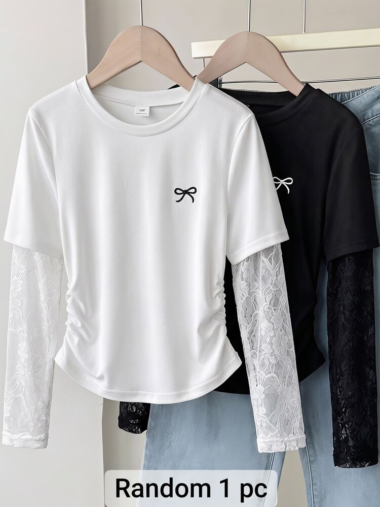 3pcs/Set Tween Girl Slim Fit Crew Neck Long Sleeve T-Shirt With Bow Knot Pattern, Casual Daily Tops For Autumn - White - View 1