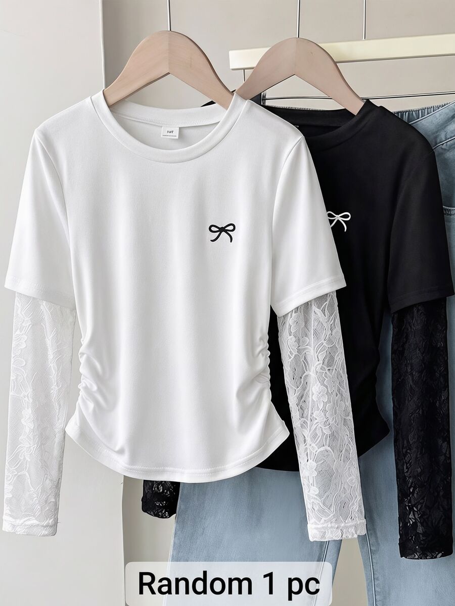 3pcs/Set Tween Girl Slim Fit Crew Neck Long Sleeve T-Shirt With Bow Knot Pattern, Casual Daily Tops For Autumn, Fall Tops - White - View 1