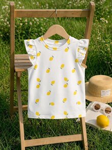 SHEIN LMoss Kids 女嬰休閒時尚可愛荷葉袖圓領上衣，適合春夏穿著 - 彩色 - 查看 3
