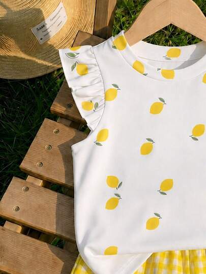 SHEIN LMoss Kids Baby Girl Casual Fashion Cute Flutter Sleeve Round Neck Top, Suitable For Spring And Summer Lemon Cute Versatile Comfy Soft School Outing T Shirt