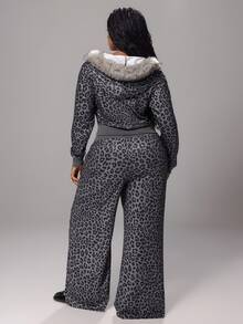 Rustia 2pcs/Set Hooded Faux Fur Collar Short Leopard Print Sweatshirt With Elastic Waist Long Sweatpants - Grey - View 2