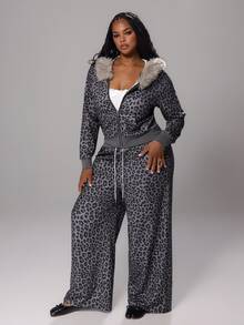 Rustia 2pcs/Set Hooded Faux Fur Collar Short Leopard Print Sweatshirt With Elastic Waist Long Sweatpants - Grey - View 5