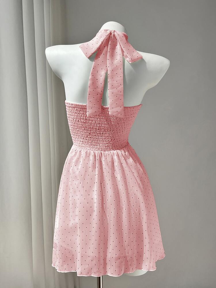 Elamini Women's Summer Vacation Halter Polka‑Dot Dress Garden Party Vacation Pink Polka Dot Tropical European - Pink - View 2